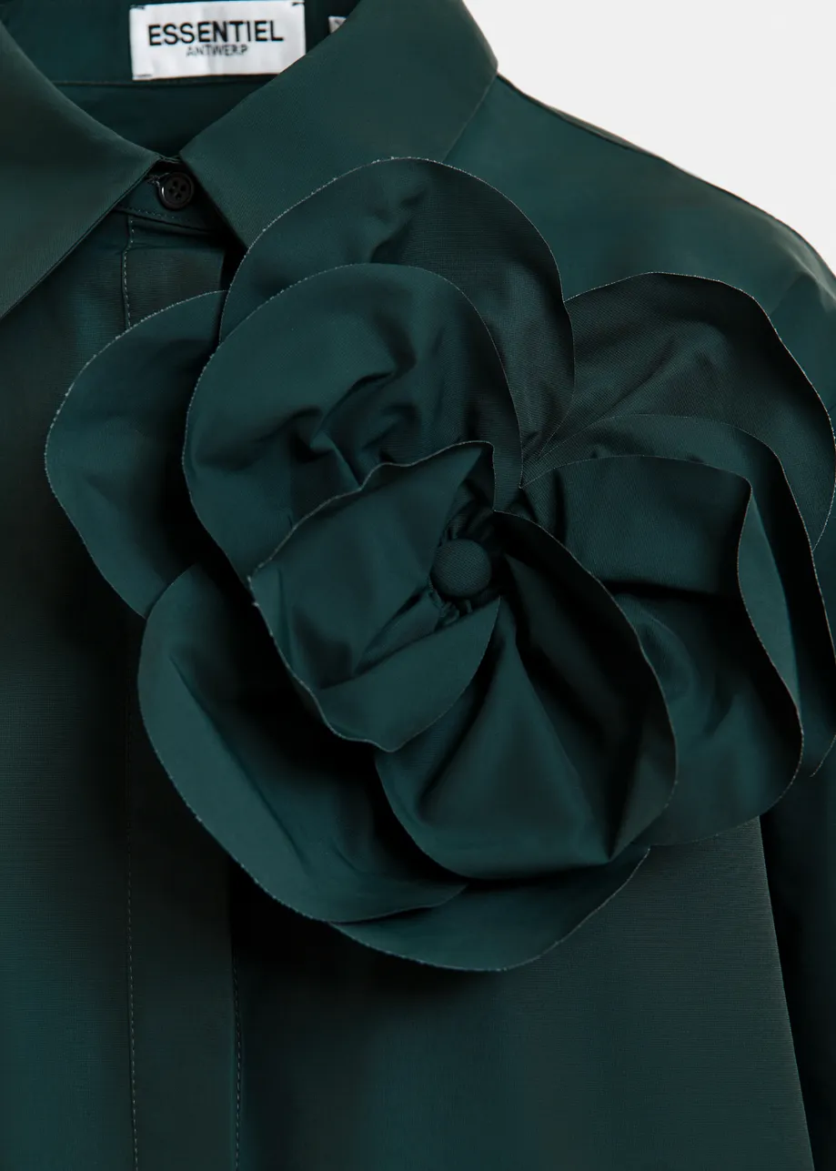 Dark teal green ruffled mini shirt dress with self-fabric flower