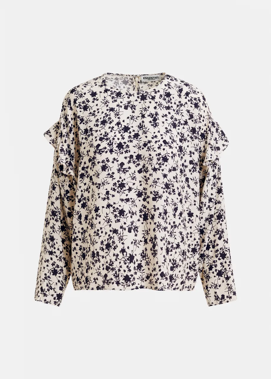 Off-white and black floral top with ruffle detail