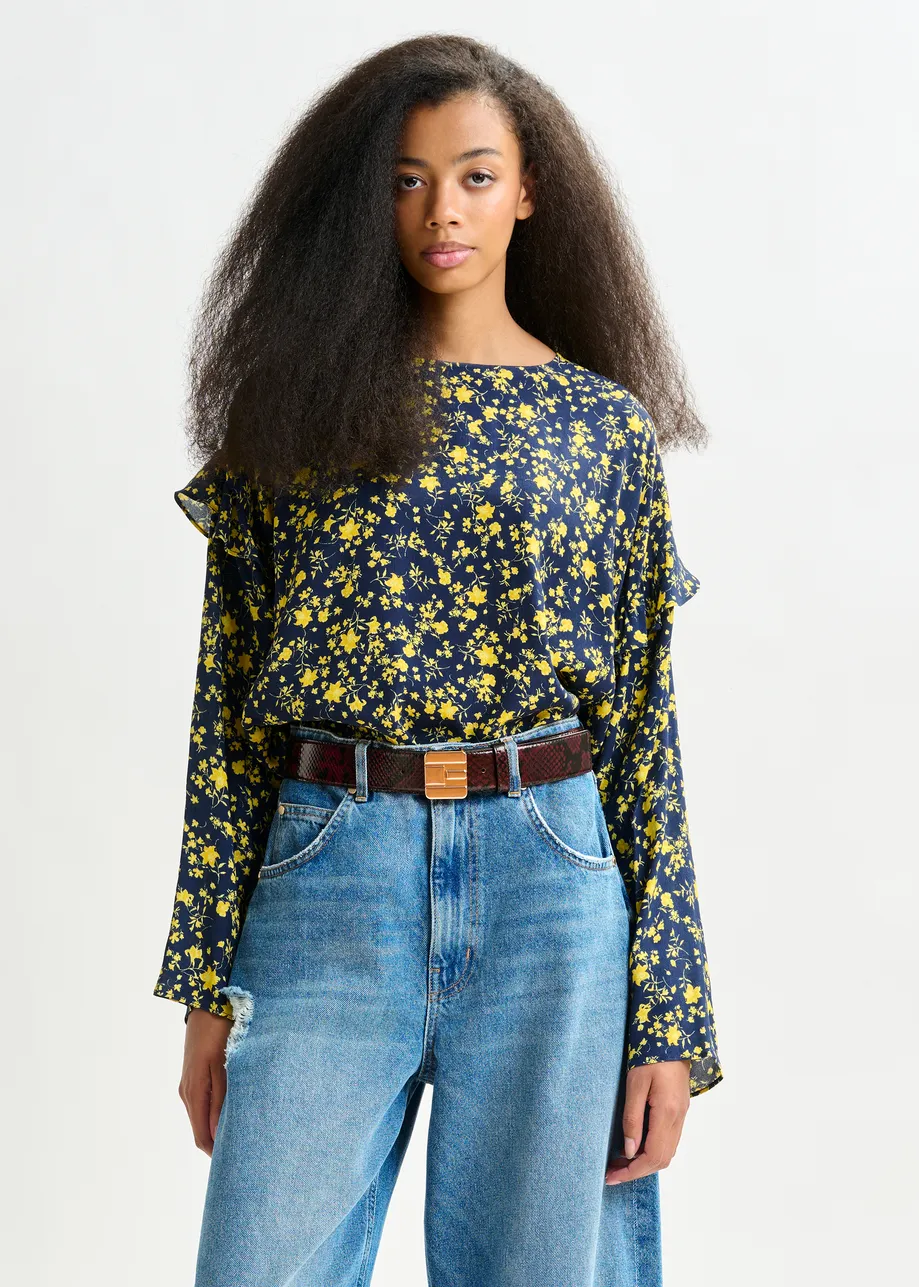 Navy and yellow floral print top with ruffle detail