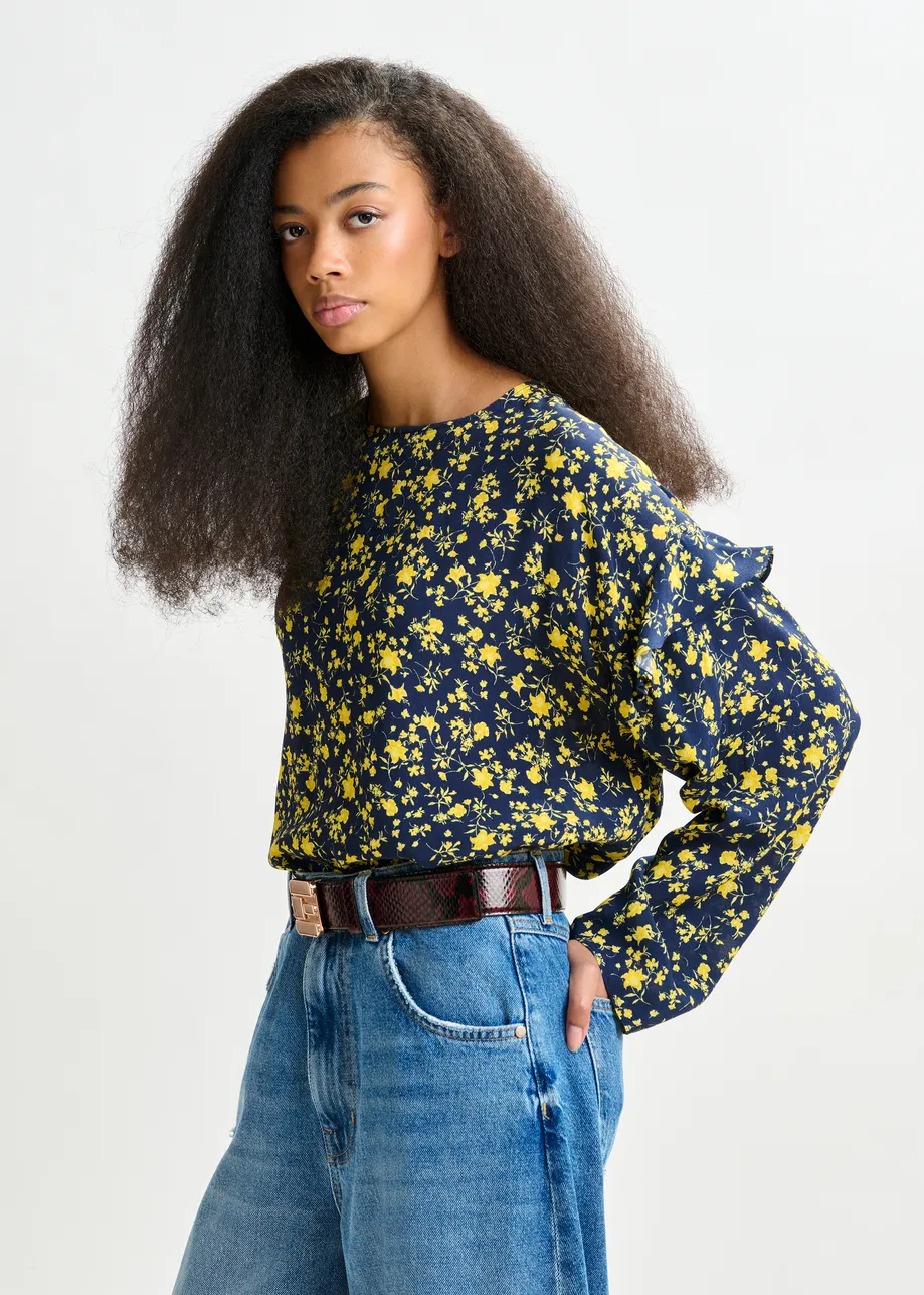 Navy and yellow floral print top with ruffle detail