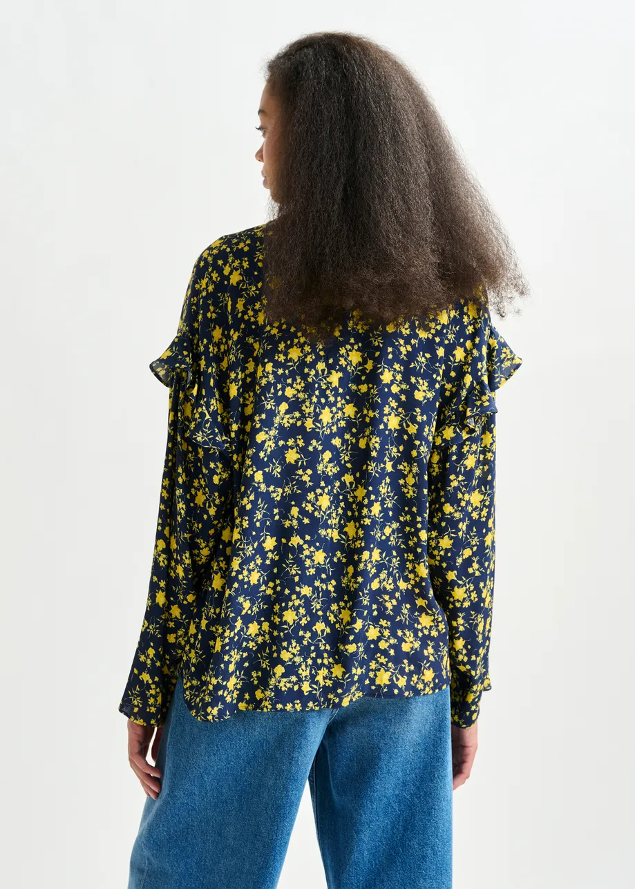 Navy and yellow floral print top with ruffle detail