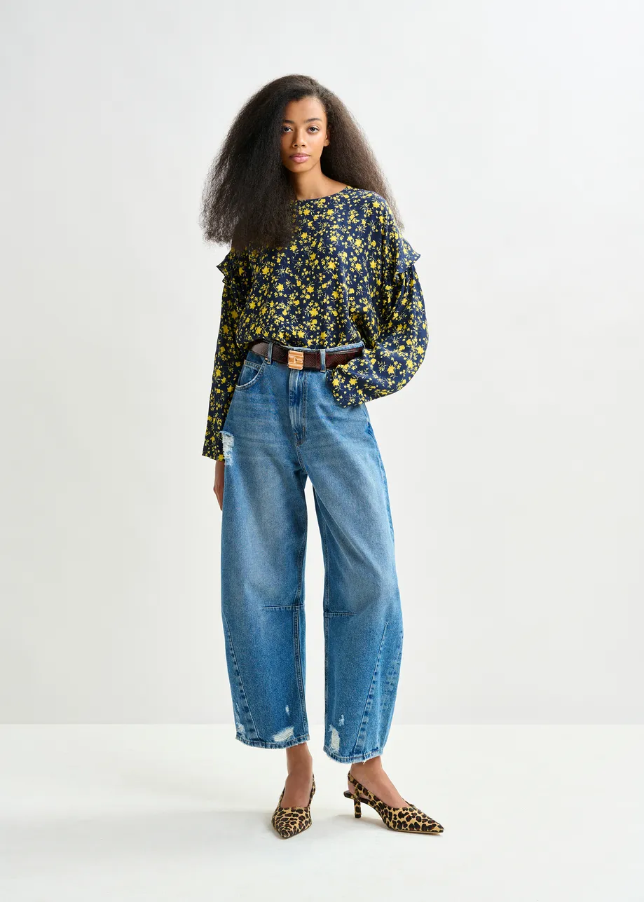 Navy and yellow floral print top with ruffle detail
