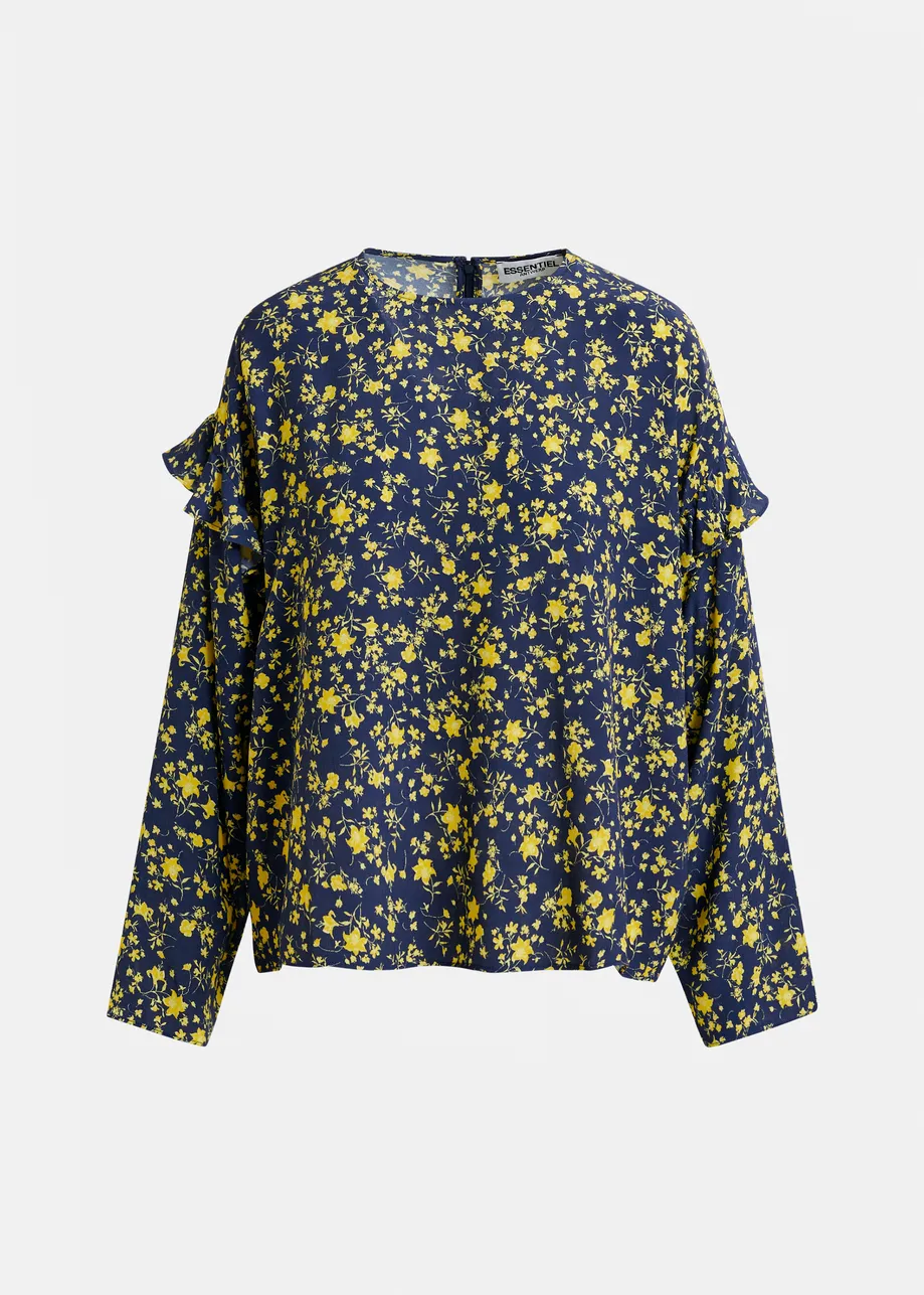 Navy and yellow floral print top with ruffle detail