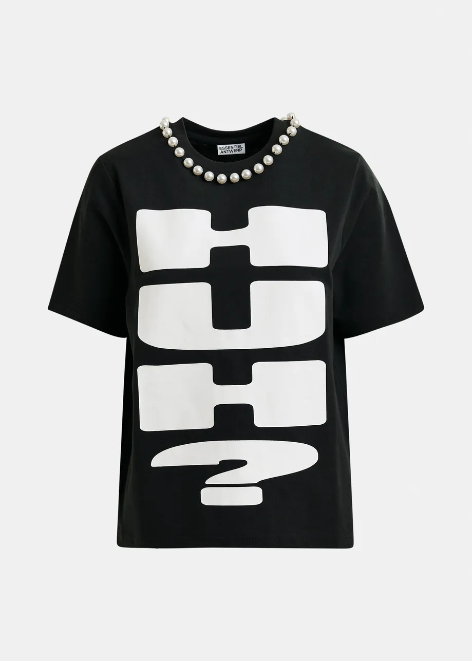 Black and white cotton T-shirt with "HUH?"- print and bead embellishments