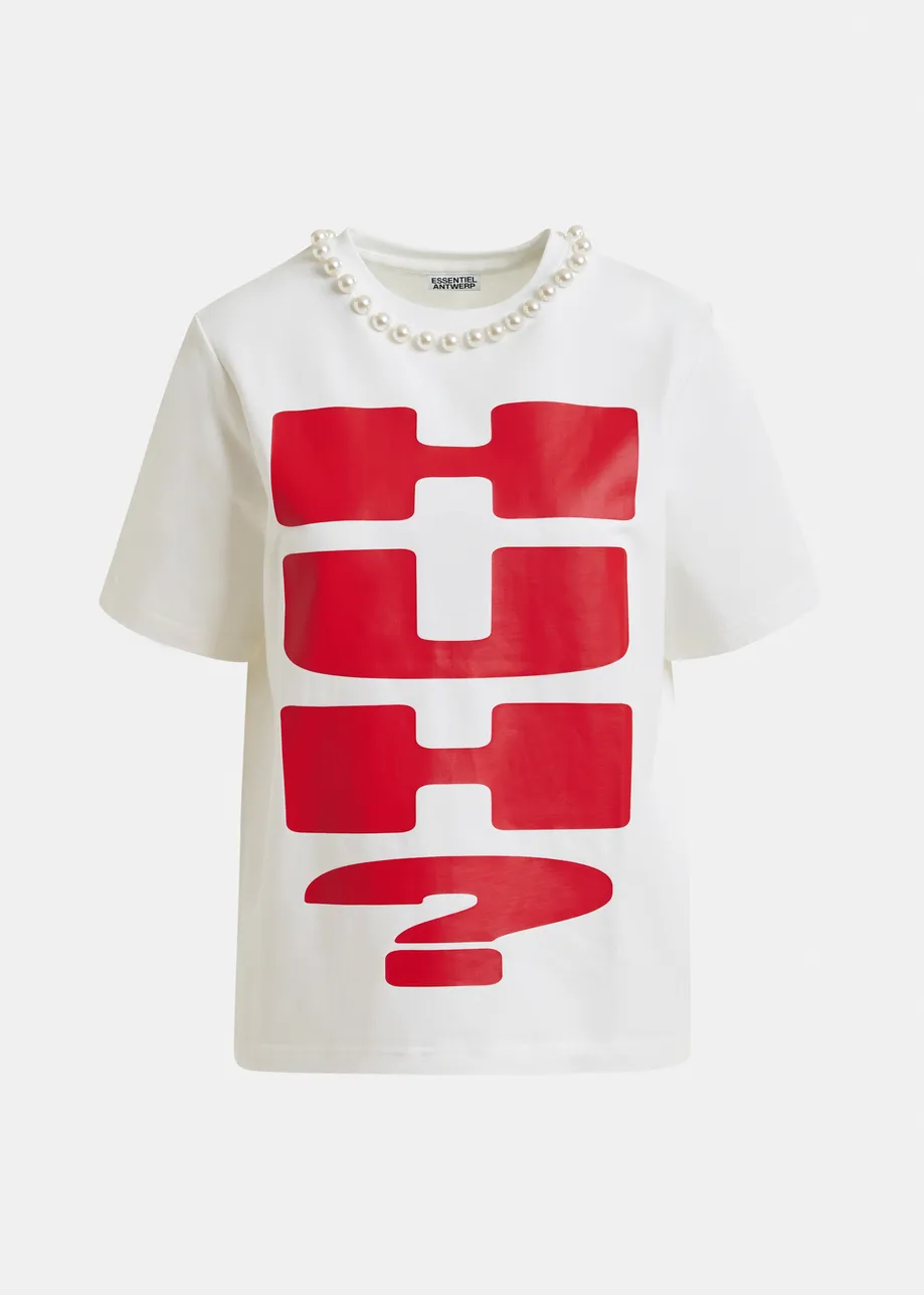 Grijs en wit katoenen T-shirt met 'HUH?'-print en kralen