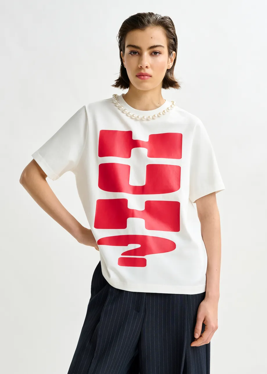 Grijs en wit katoenen T-shirt met 'HUH?'-print en kralen