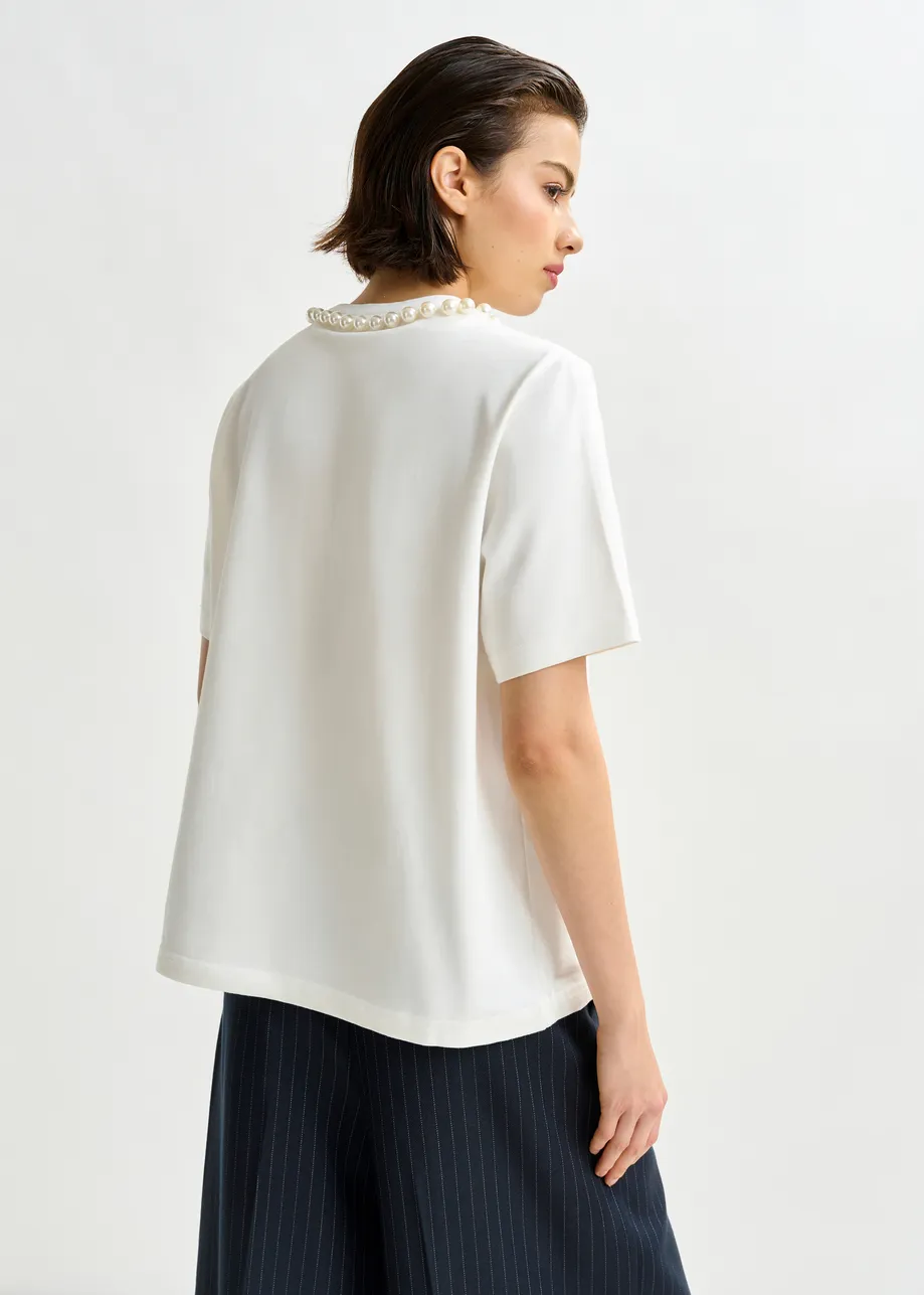 Grijs en wit katoenen T-shirt met 'HUH?'-print en kralen
