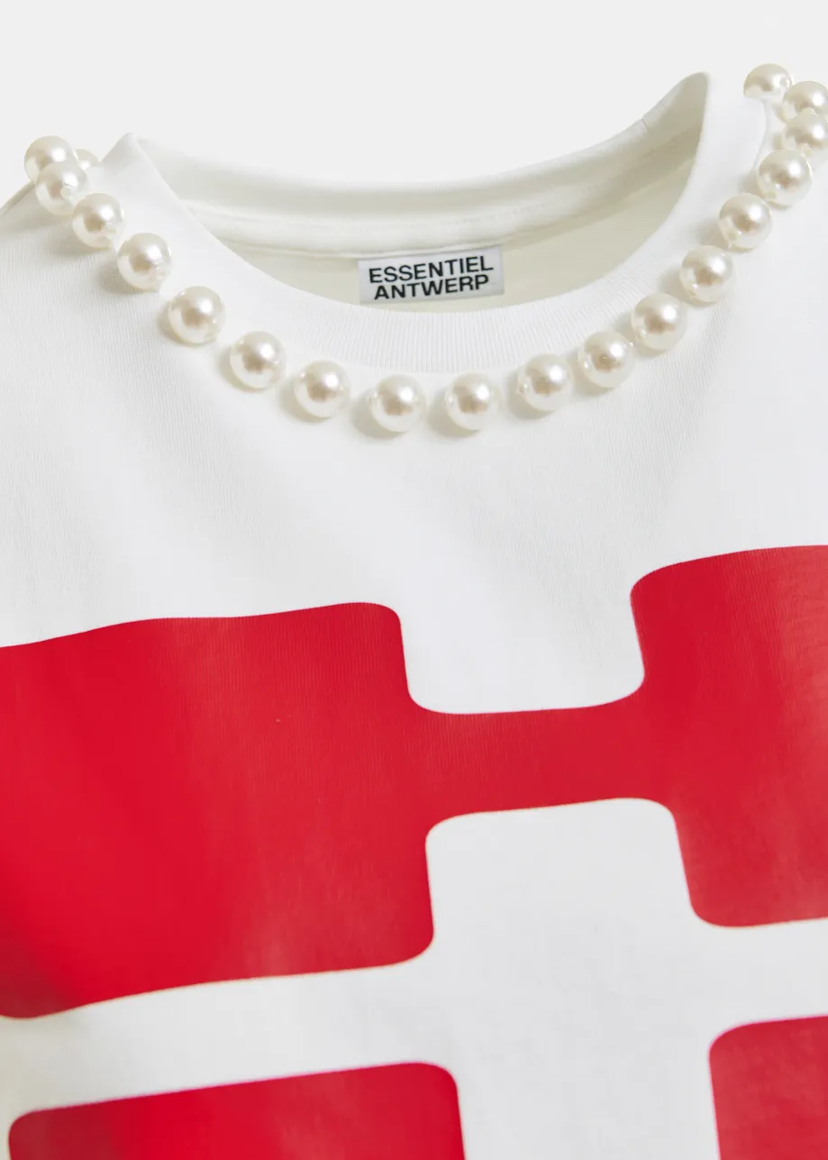 Grijs en wit katoenen T-shirt met 'HUH?'-print en kralen