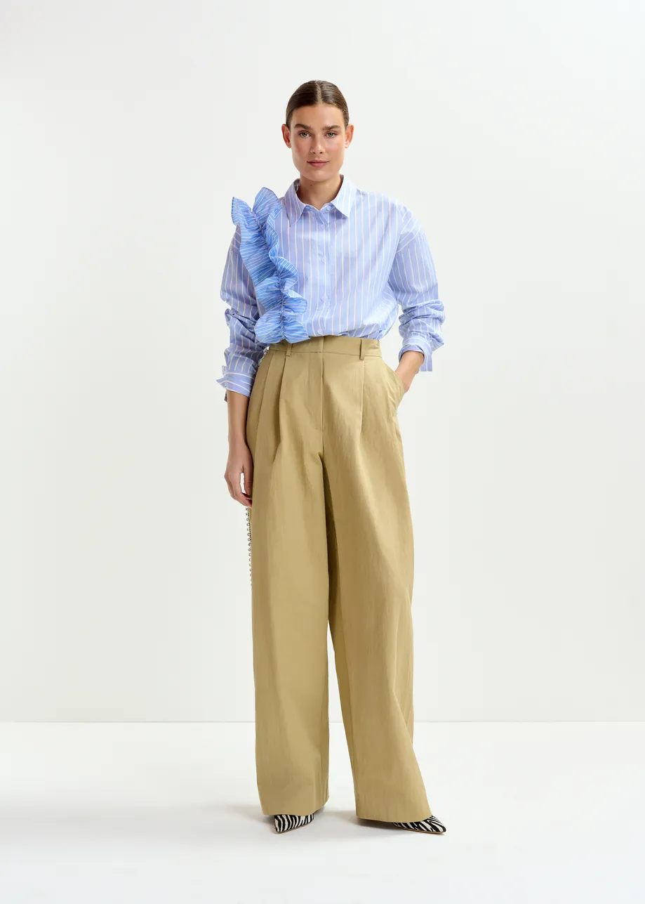 Beige rhinestone-trimmed pleated wide-leg pants