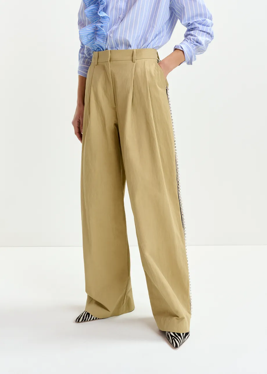 Beige rhinestone-trimmed pleated wide-leg pants