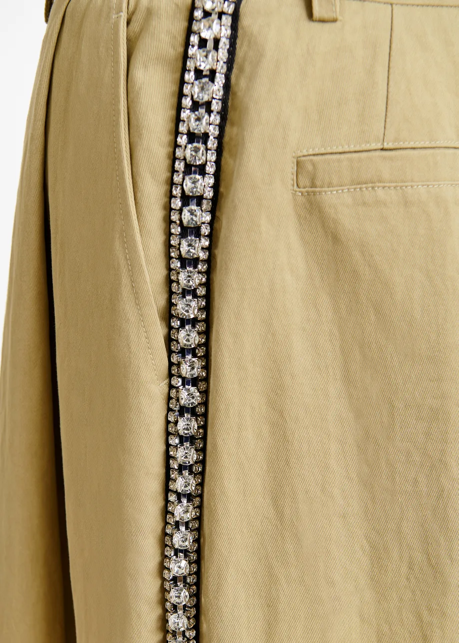 Beige rhinestone-trimmed pleated wide-leg pants