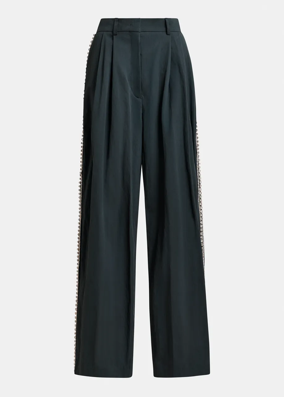 Black rhinestone-trimmed pleated wide-leg pants