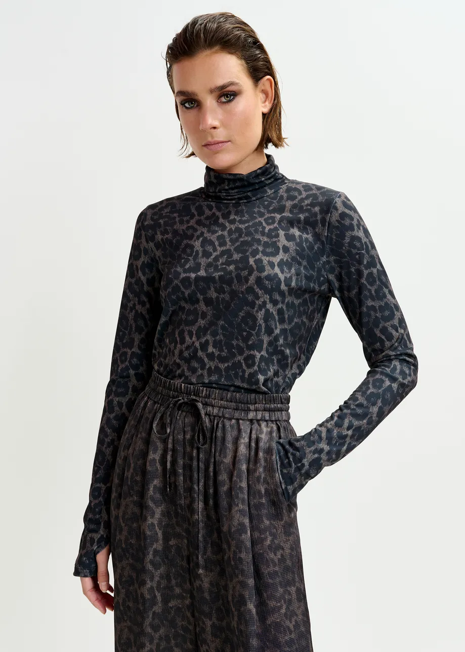 Brown and black leopard print turtleneck top