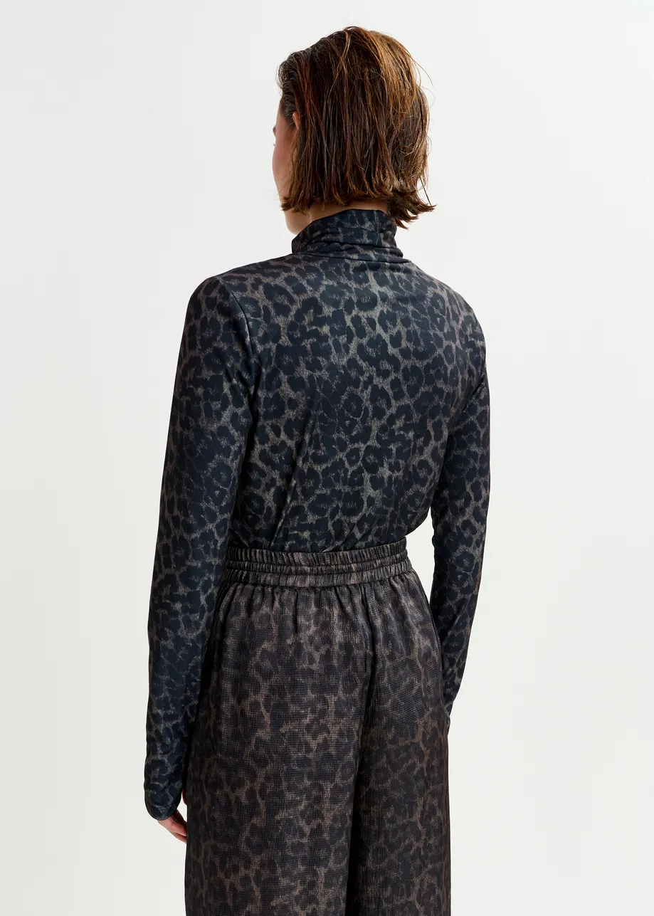 Brown and black leopard print turtleneck top