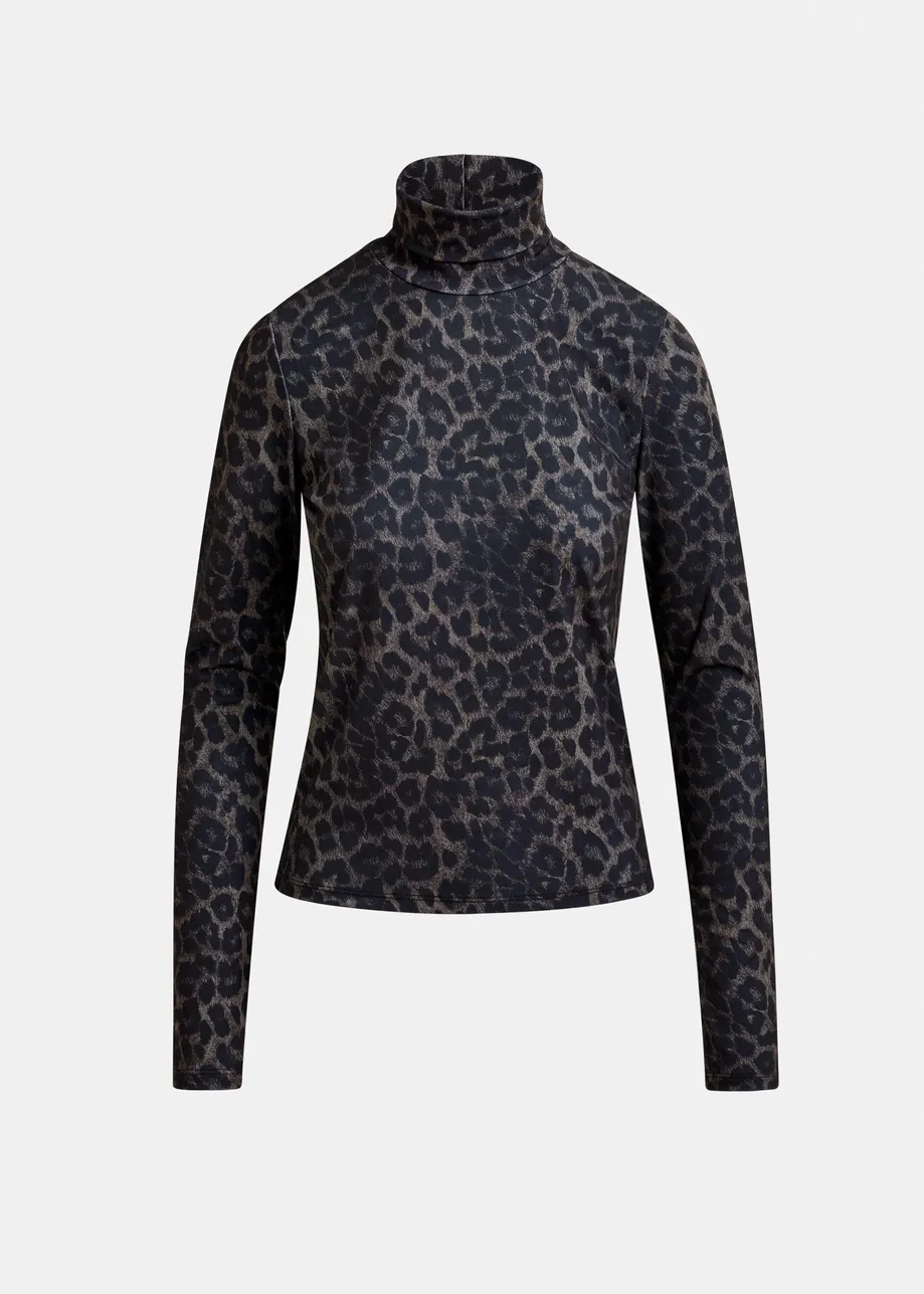 Top marrone e nero dolcevita con stampa leopardata