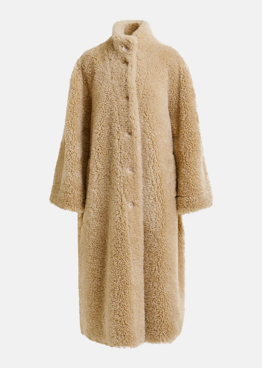 Off-white oversized faux shearling coat with stand-up collar