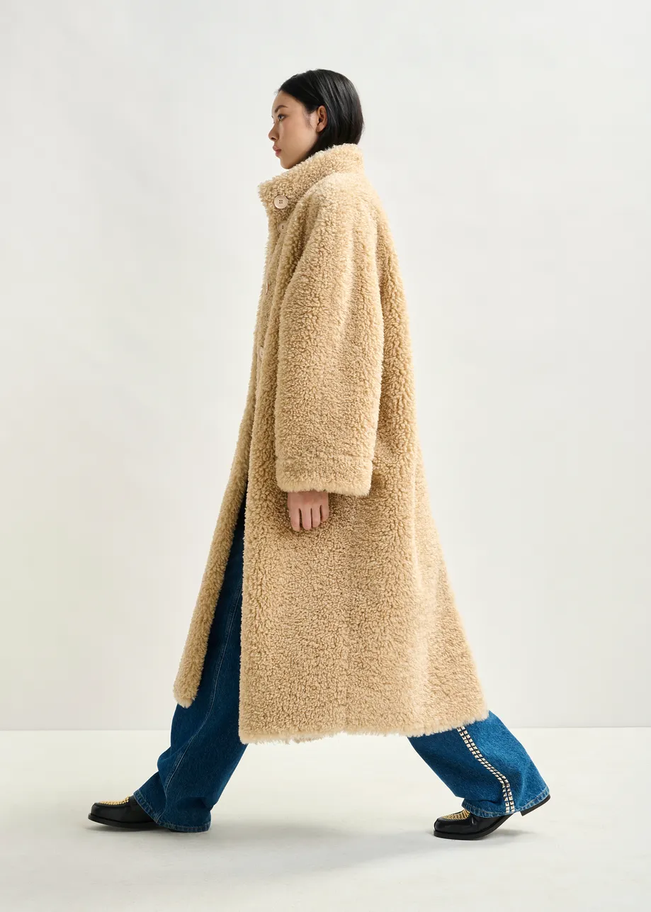 Off-white oversized faux shearling coat with stand-up collar