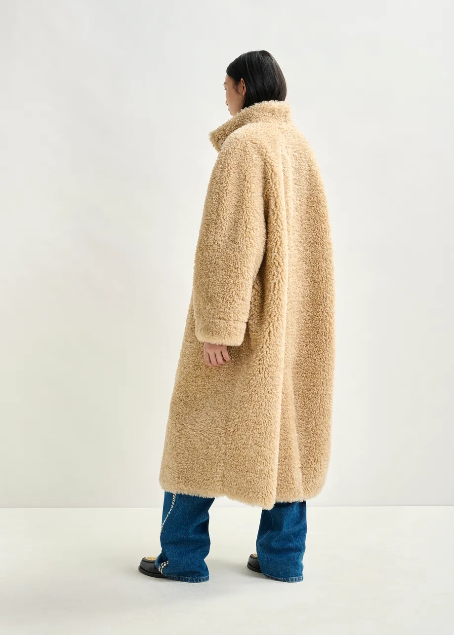 Off-white oversized faux shearling coat with stand-up collar