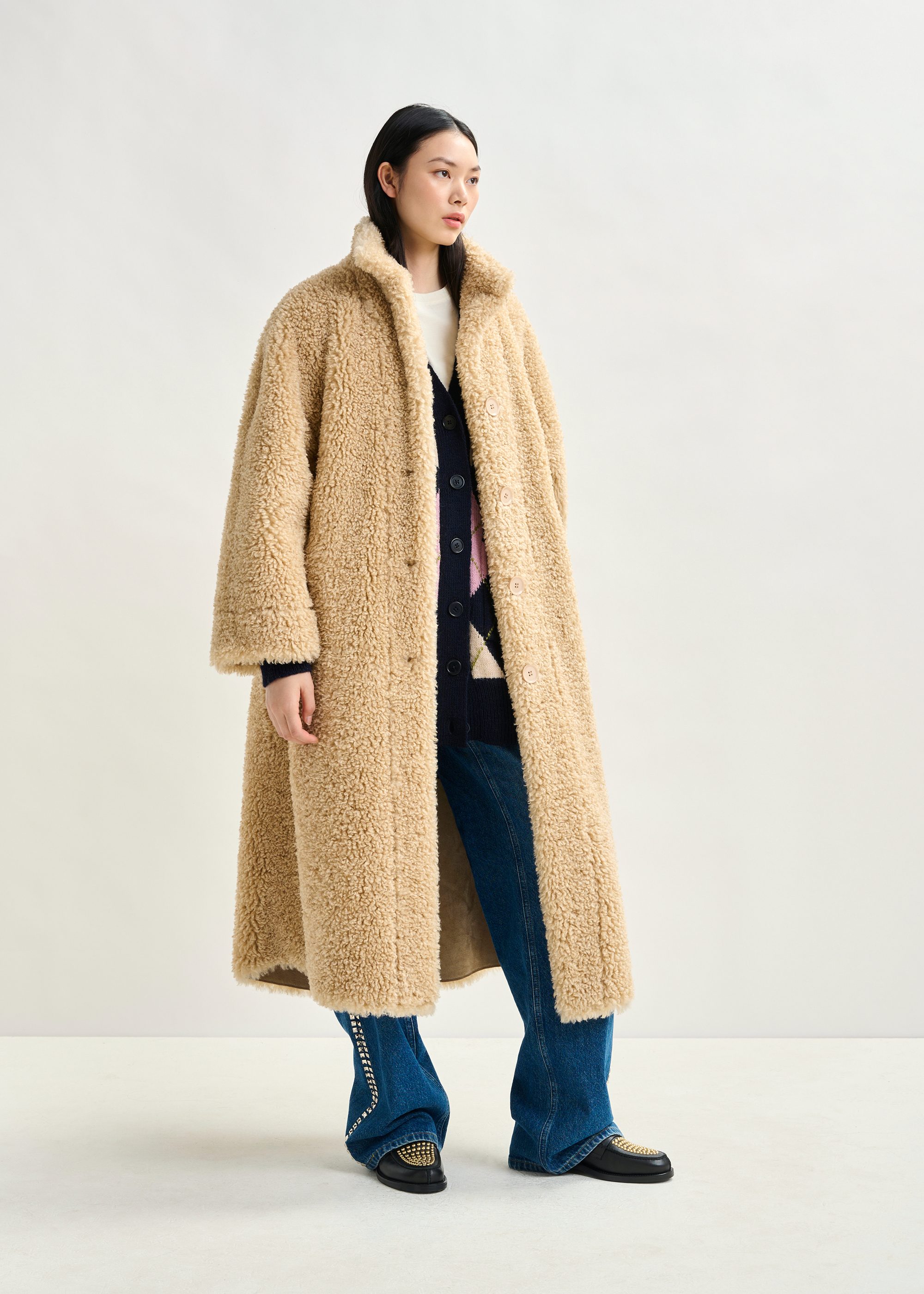 Off-white oversized faux shearling coat with stand-up collar