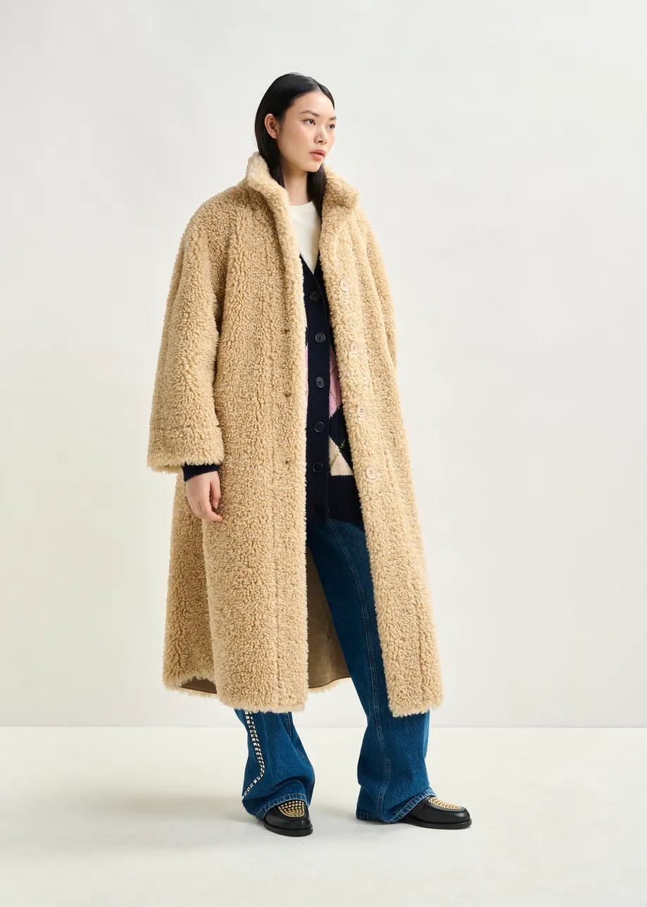 Off-white oversized faux shearling coat with stand-up collar
