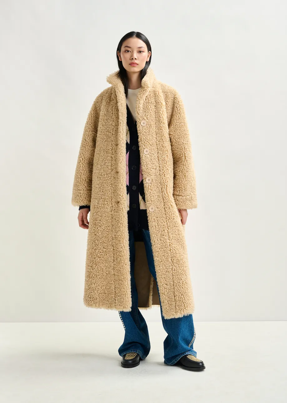 Off-white oversized faux shearling coat with stand-up collar
