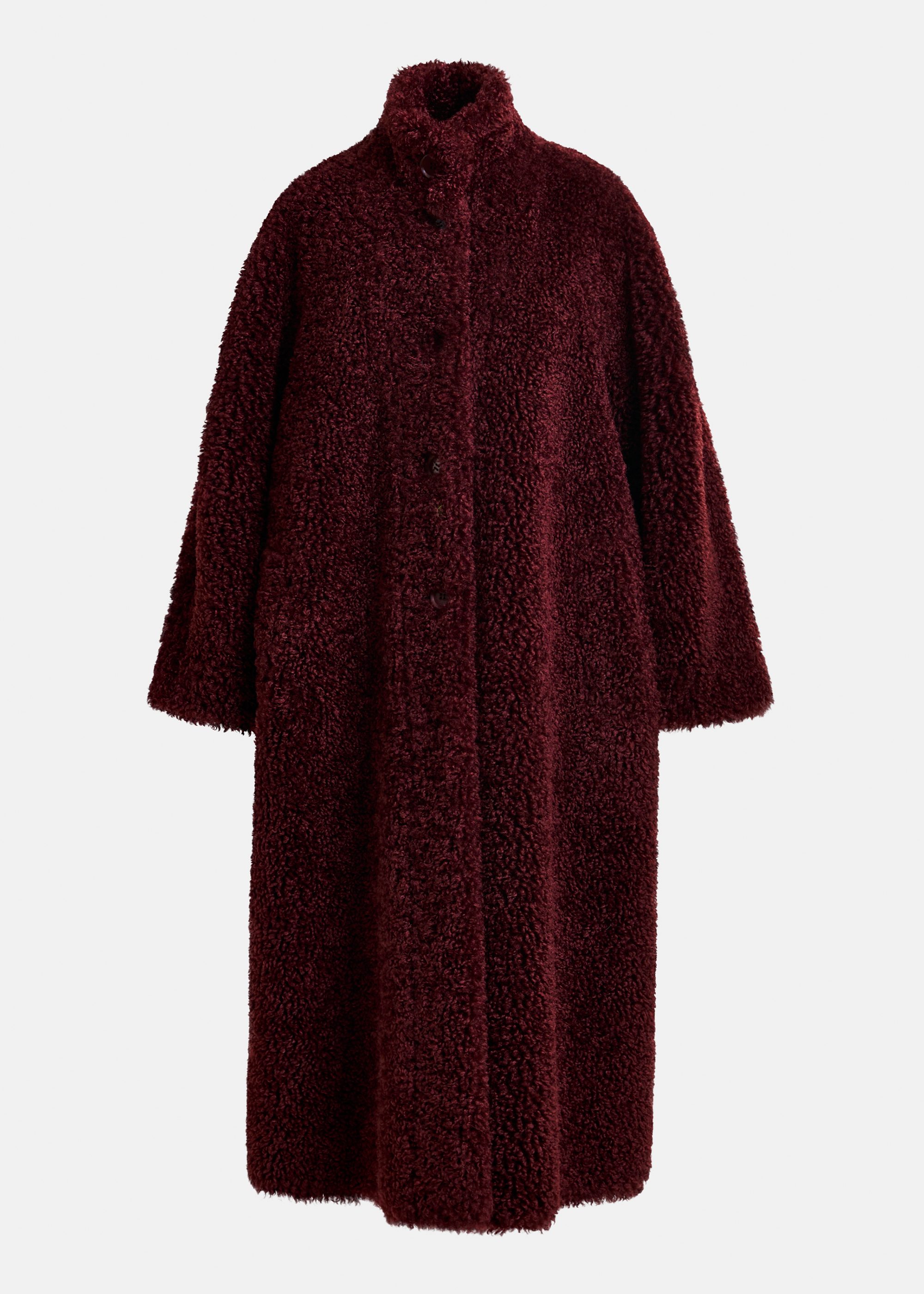 Burgundy oversized faux shearling coat with stand-up collar