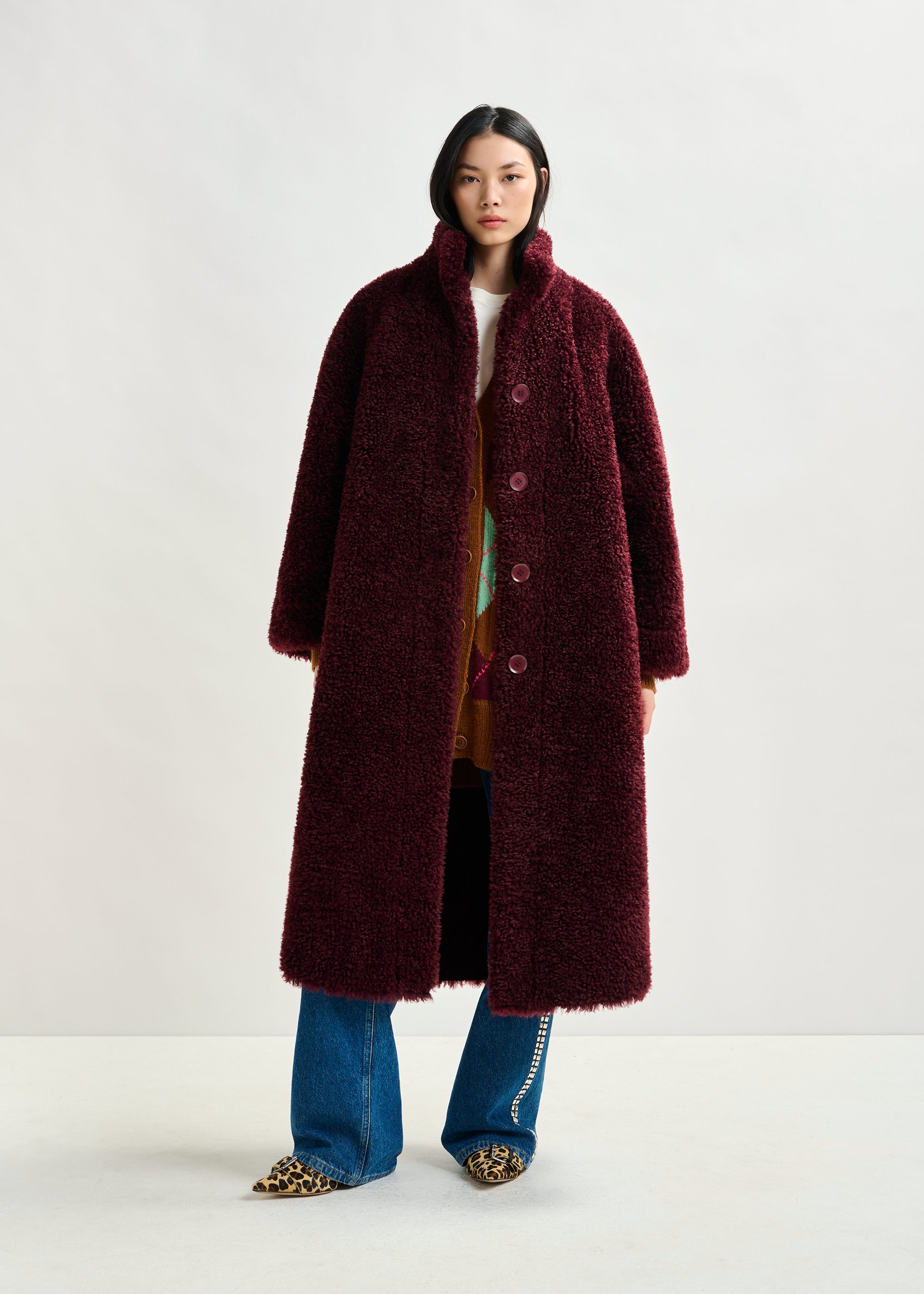 Burgundy oversized faux shearling coat with stand-up collar