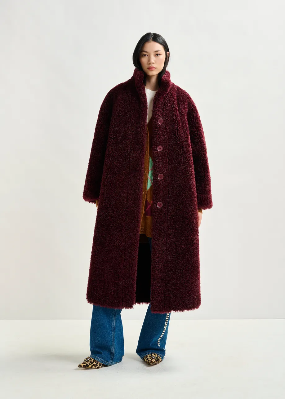 Burgundy oversized faux shearling coat with stand-up collar