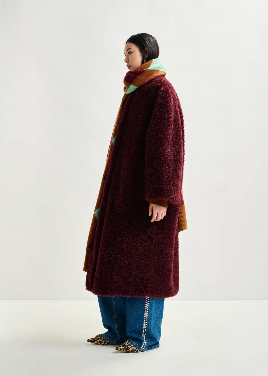 Burgundy oversized faux shearling coat with stand-up collar
