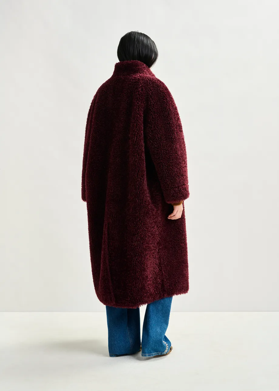 Burgundy oversized faux shearling coat with stand-up collar