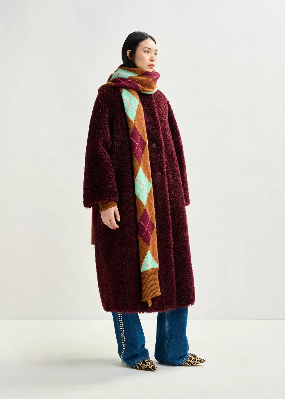 Burgundy oversized faux shearling coat with stand-up collar