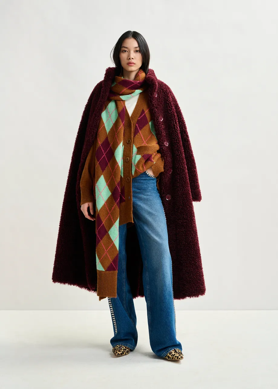Burgundy oversized faux shearling coat with stand-up collar