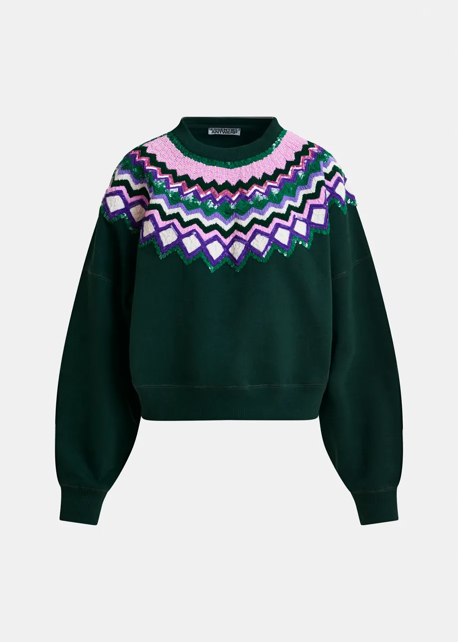 Donkergroene sweater met veelkleurige pailletten