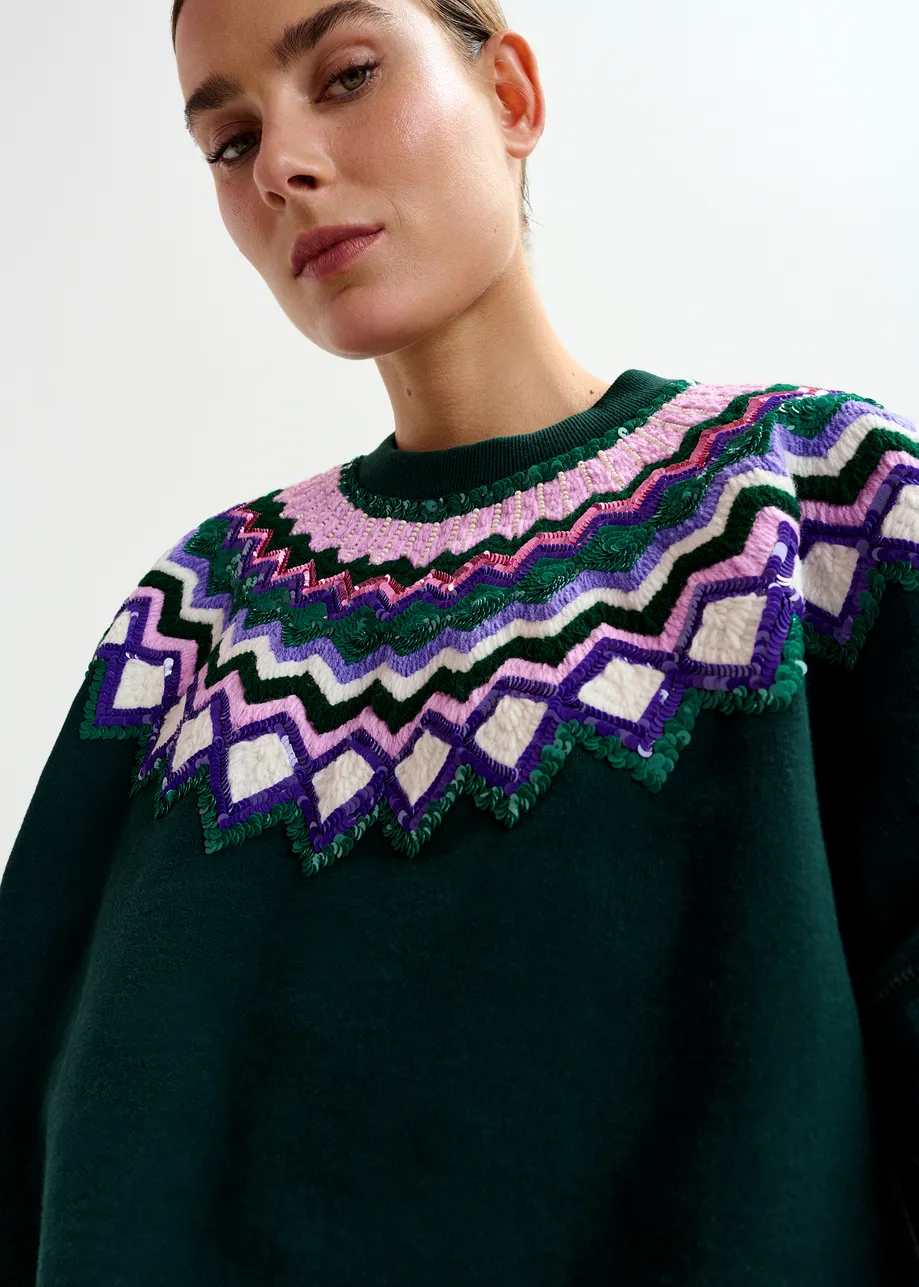 Donkergroene sweater met veelkleurige pailletten