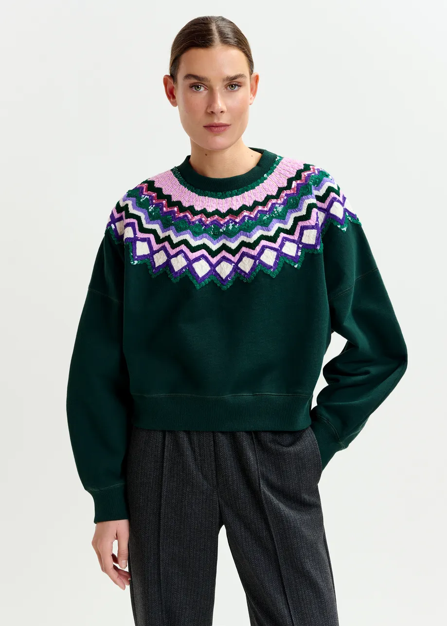 Donkergroene sweater met veelkleurige pailletten