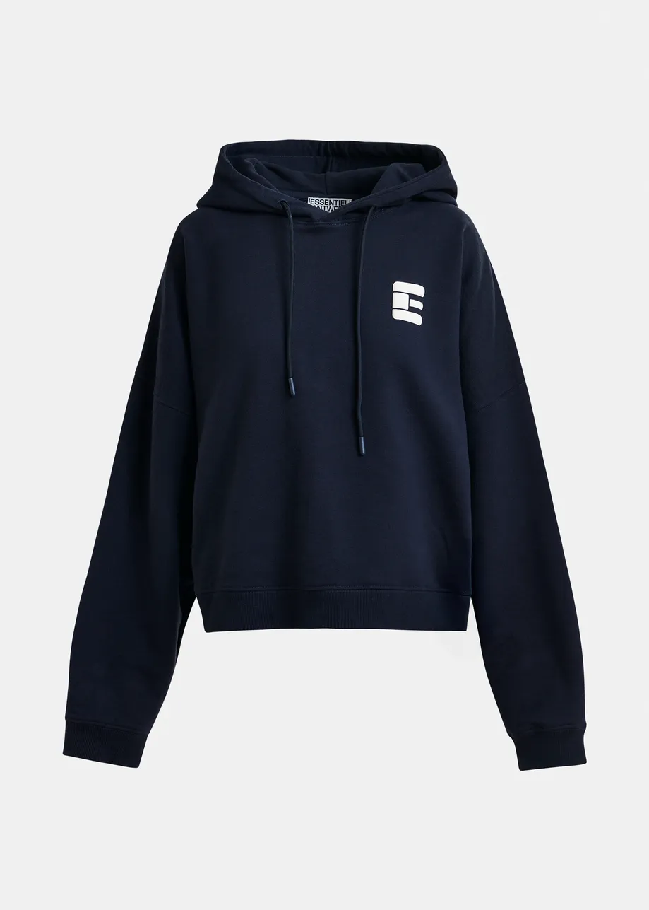 Navy oversized cotton hoodie with "fearless"-print