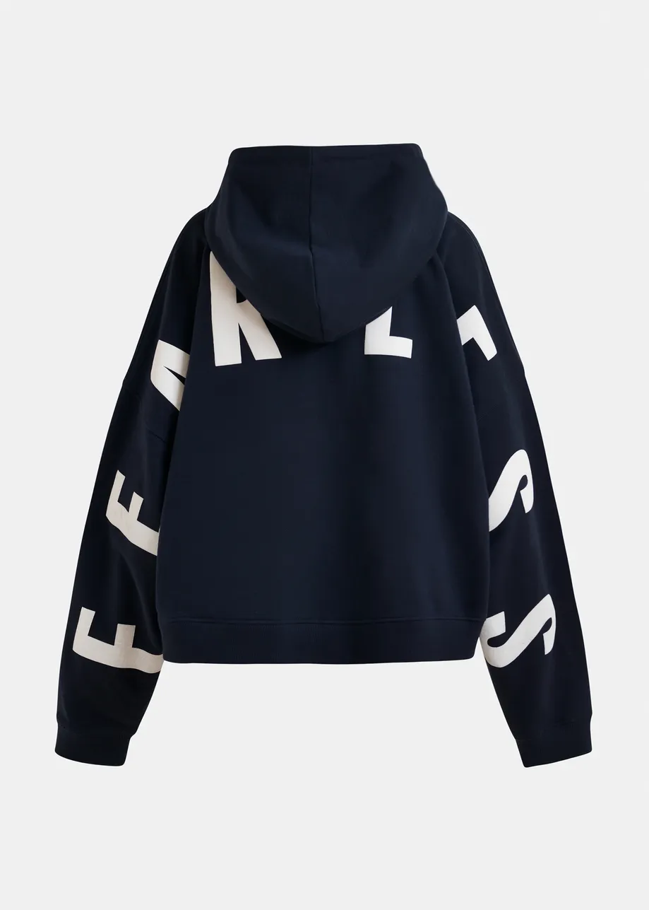 Navy oversized cotton hoodie with "fearless"-print