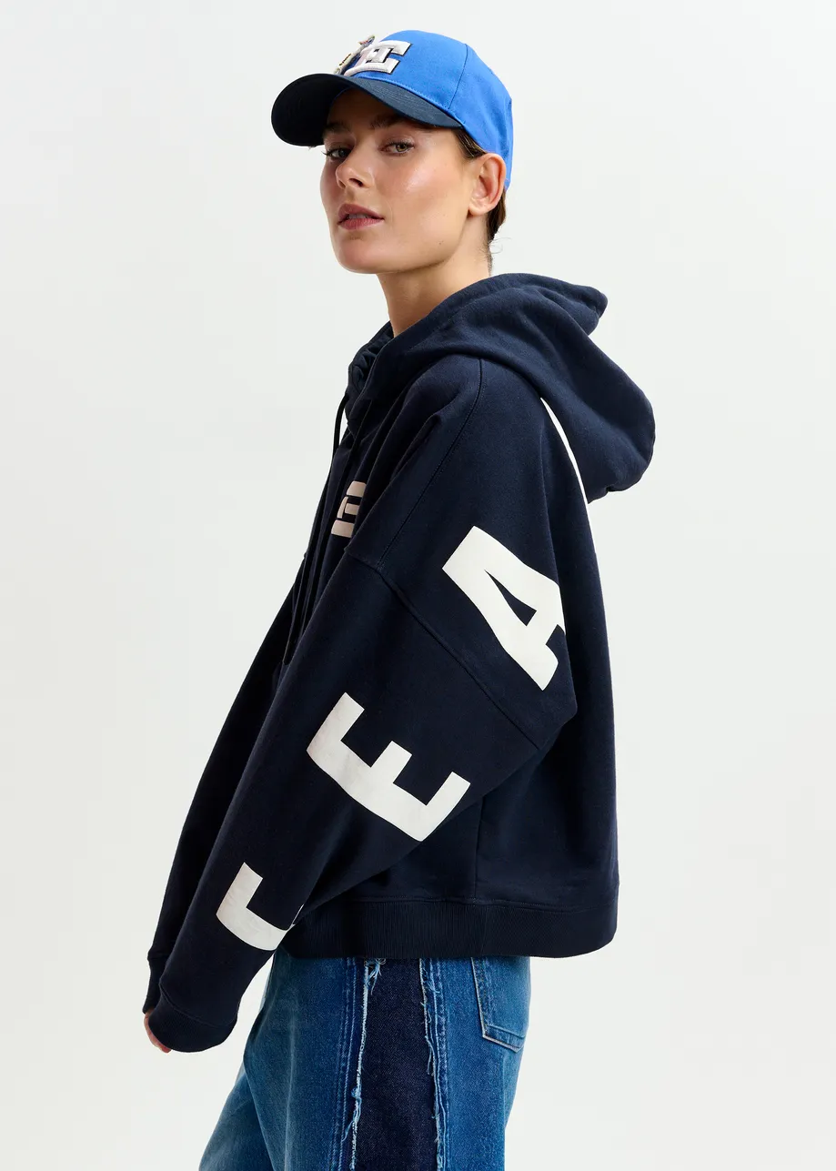 Navy oversized cotton hoodie with "fearless"-print