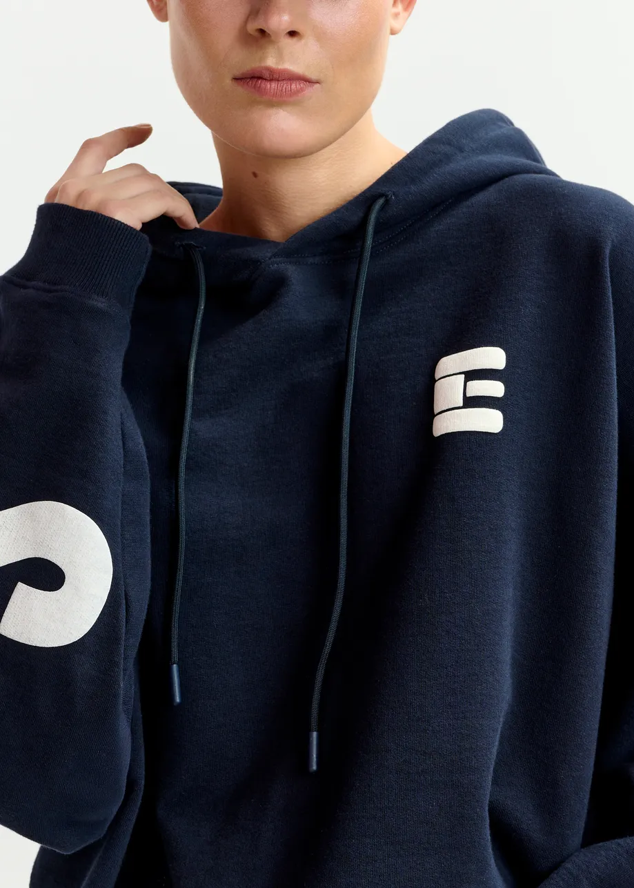 Navy oversized cotton hoodie with "fearless"-print