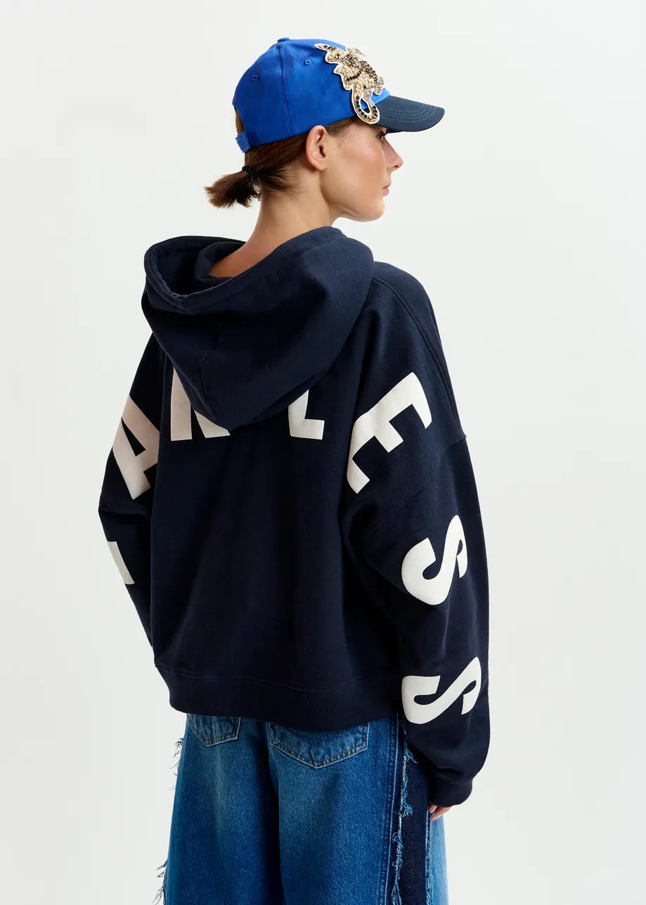 Navy oversized cotton hoodie with "fearless"-print