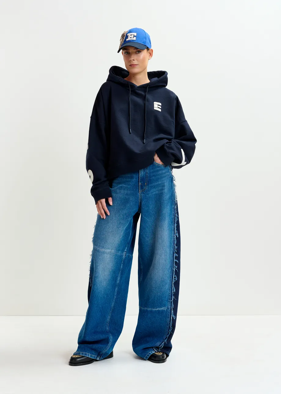 Navy oversized cotton hoodie with "fearless"-print