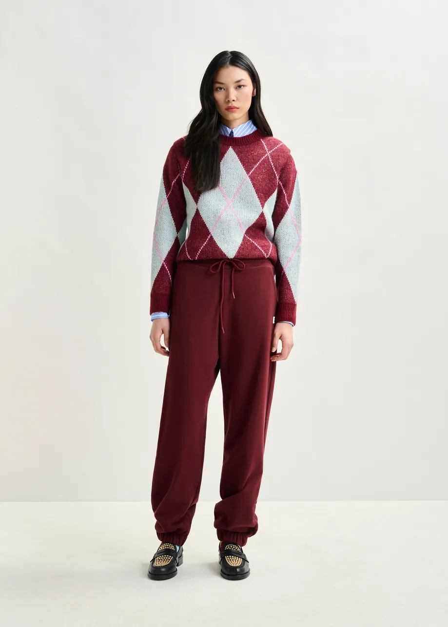 Burgundy cotton sweatpants with E-shaped embroidery
