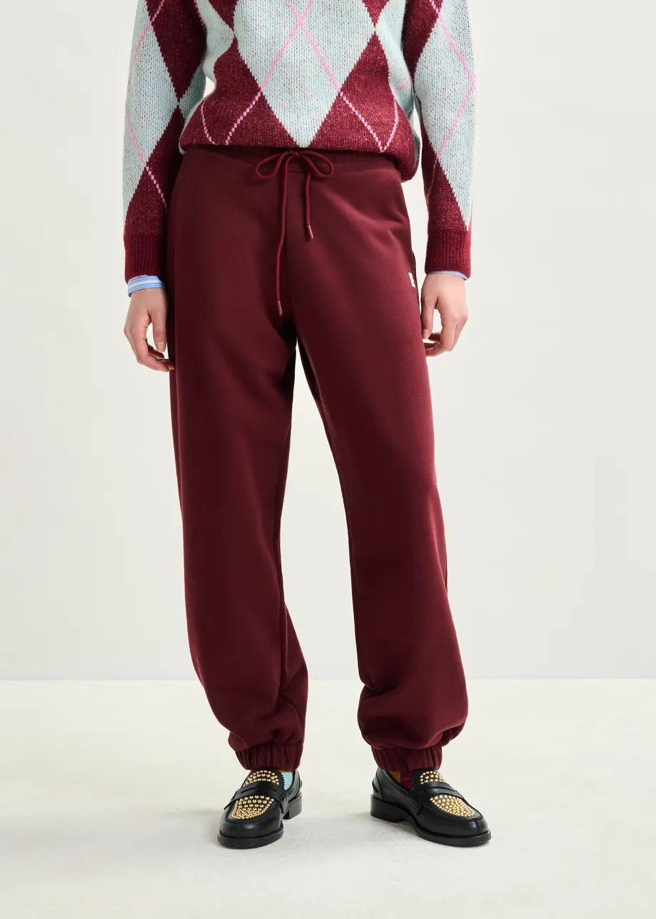 Burgundy cotton sweatpants with E-shaped embroidery
