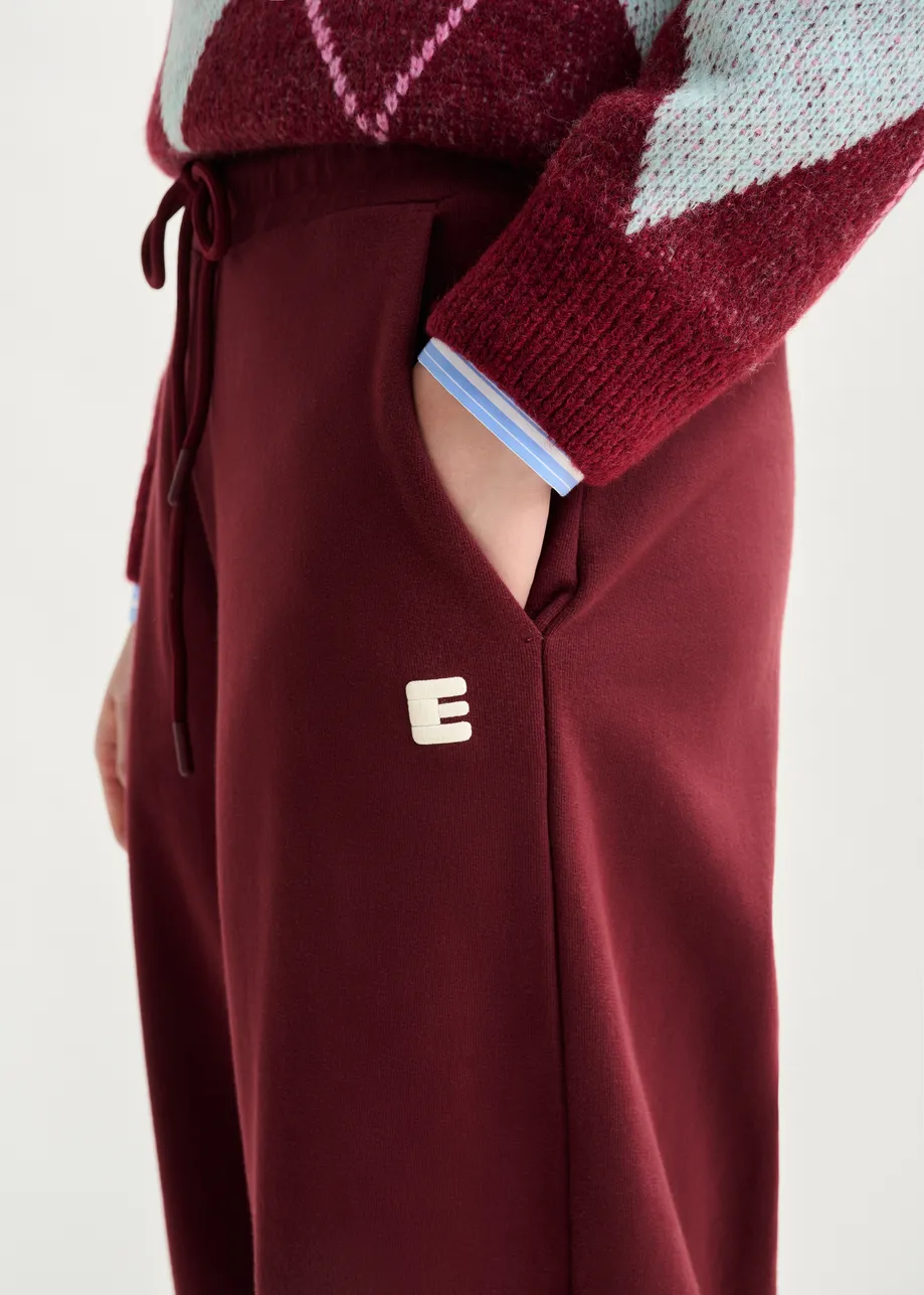 Burgundy cotton sweatpants with E-shaped embroidery