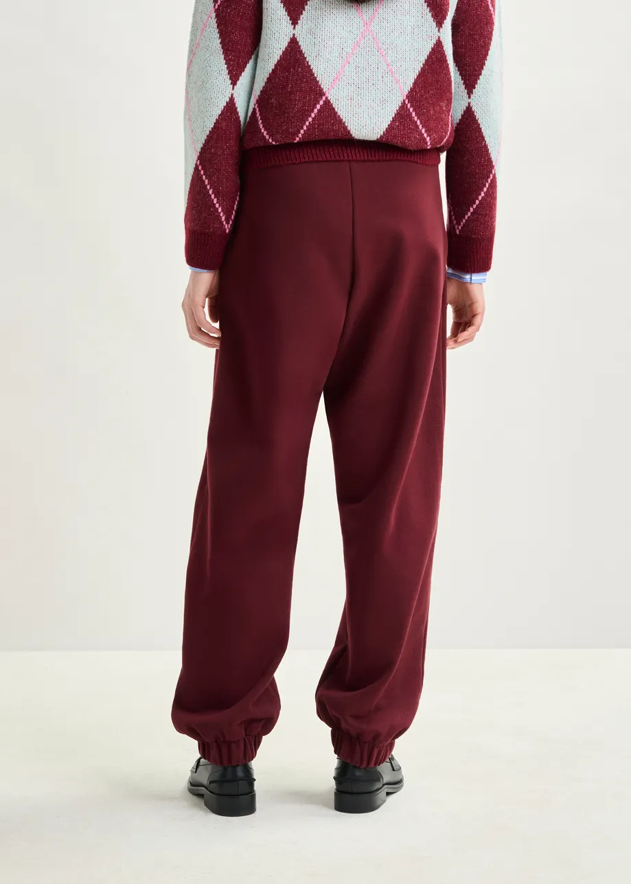 Burgundy cotton sweatpants with E-shaped embroidery