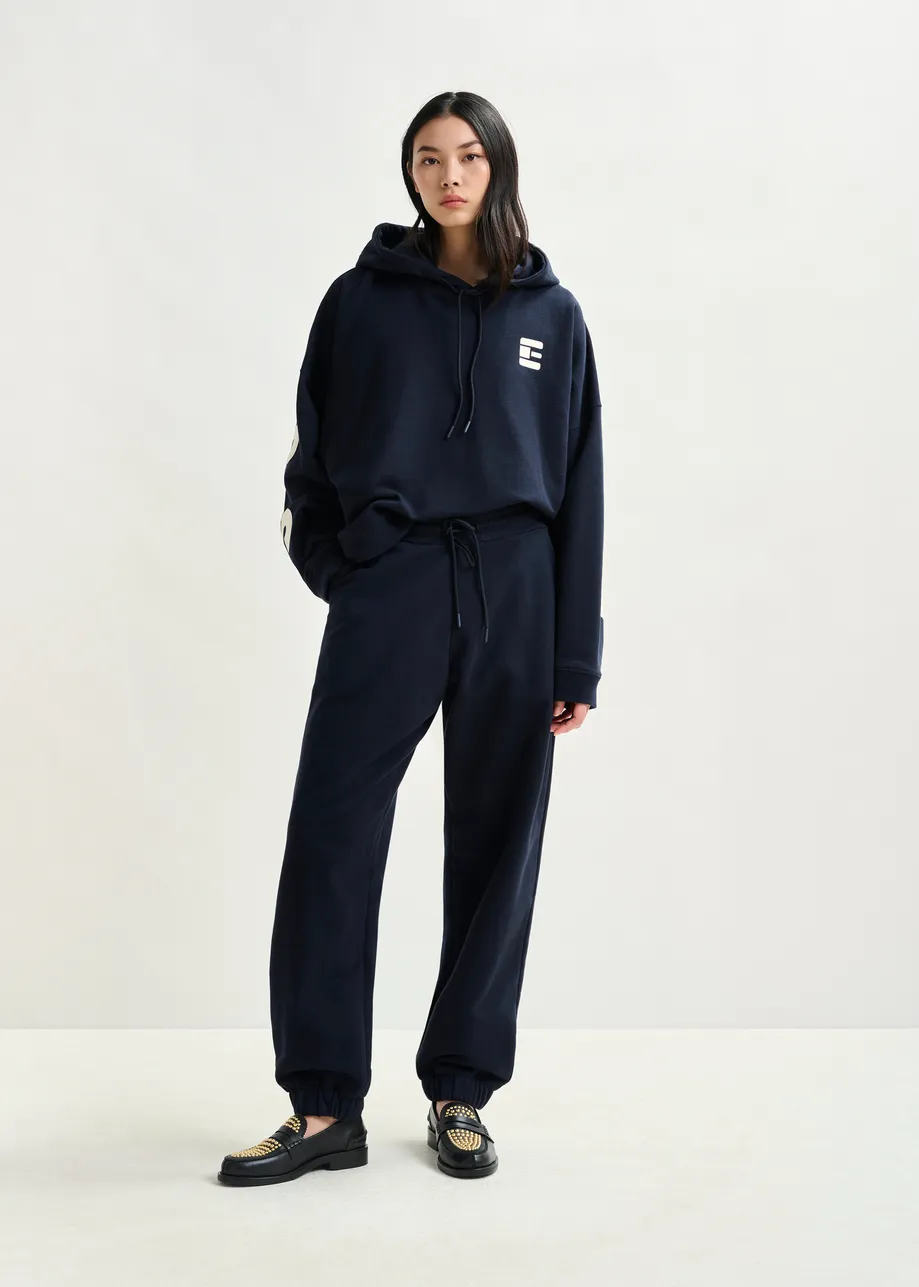 Navy cotton sweatpants with E-shaped embroidery
