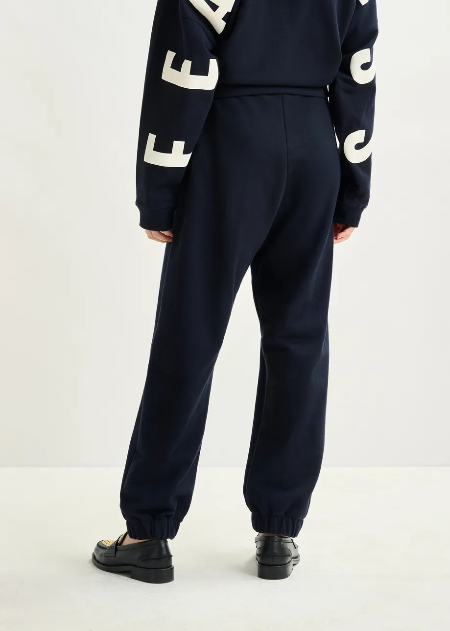 Navy cotton sweatpants with E-shaped embroidery