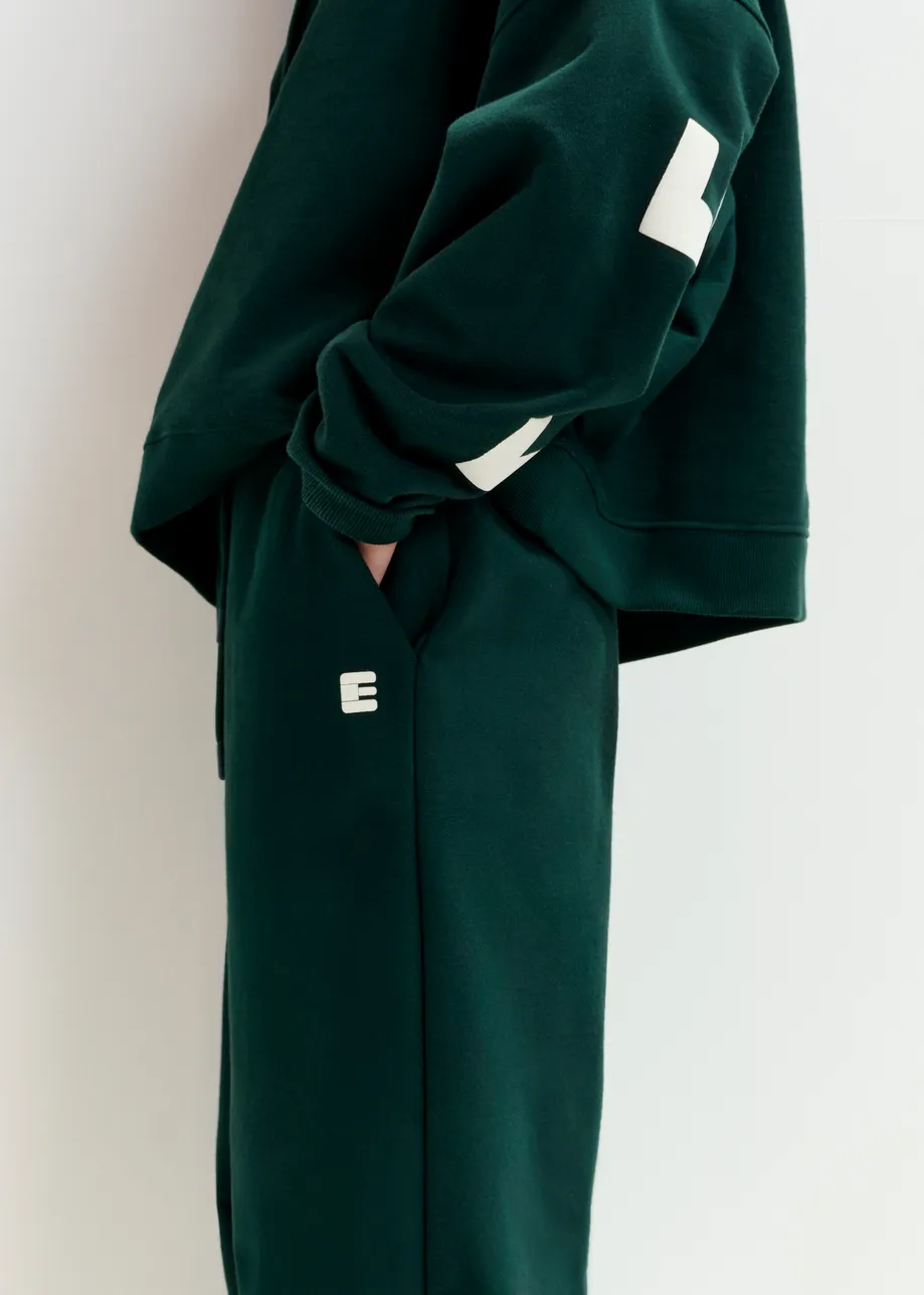 Dark green cotton sweatpants with E-shaped embroidery