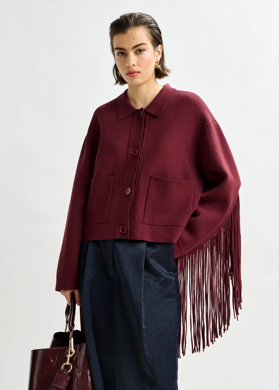 Burgundy cropped knitted jacket with fringe details