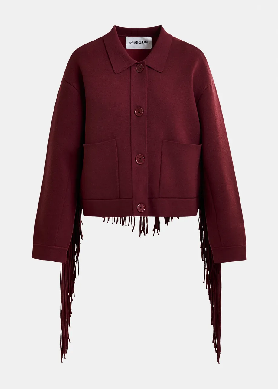 Burgundy cropped knitted jacket with fringe details